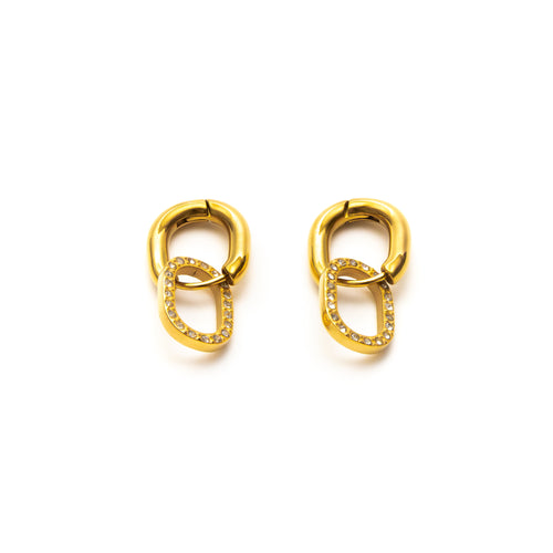 Gold chain-style earrings with small diamonds on a white background