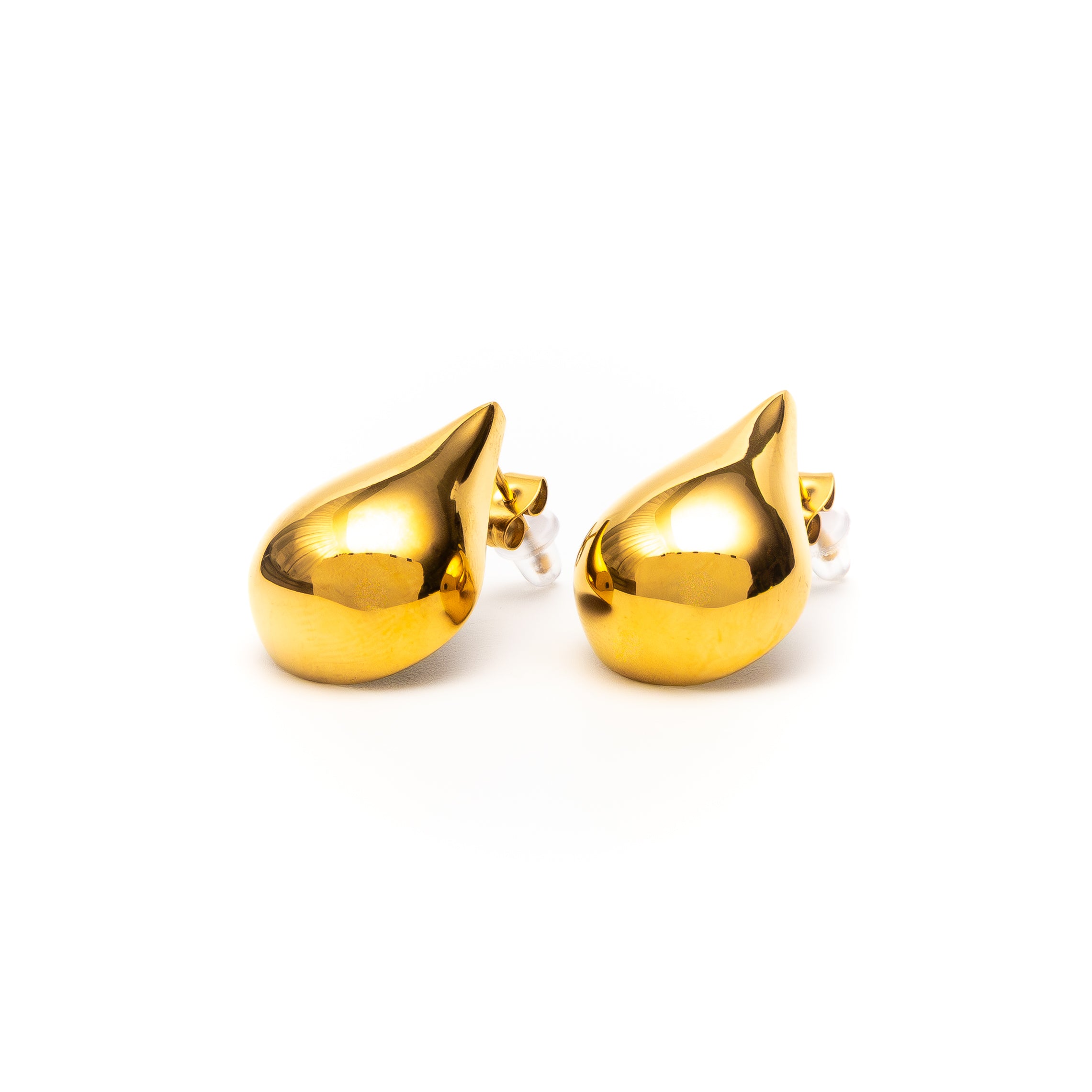 Gold teardrop-shaped earrings on a white background