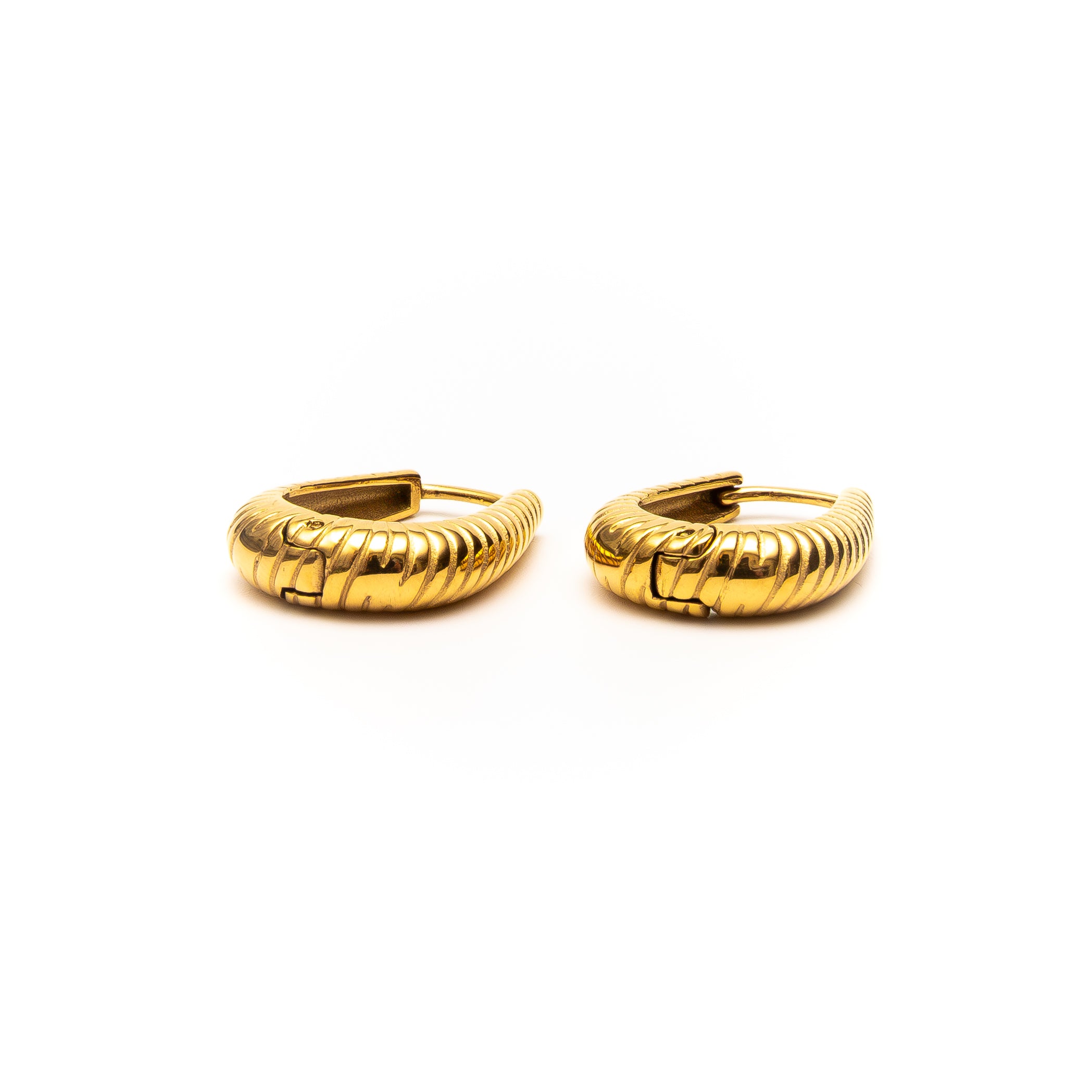Pair of gold hoop earrings on a white background
