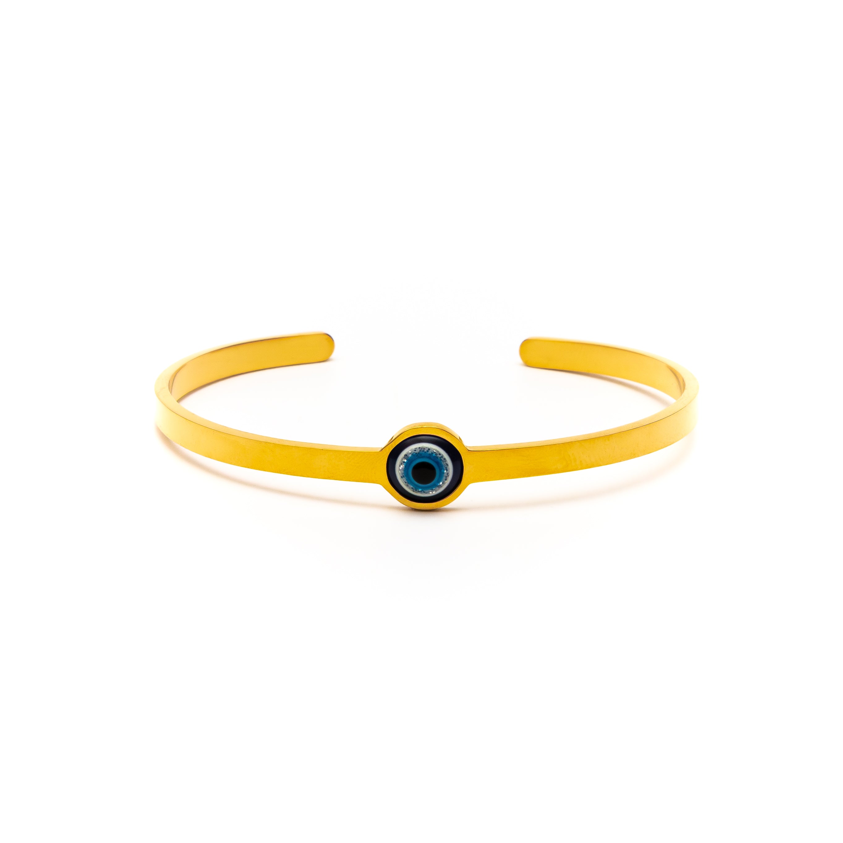 Yellow bracelet with a blue evil eye charm on a white background
