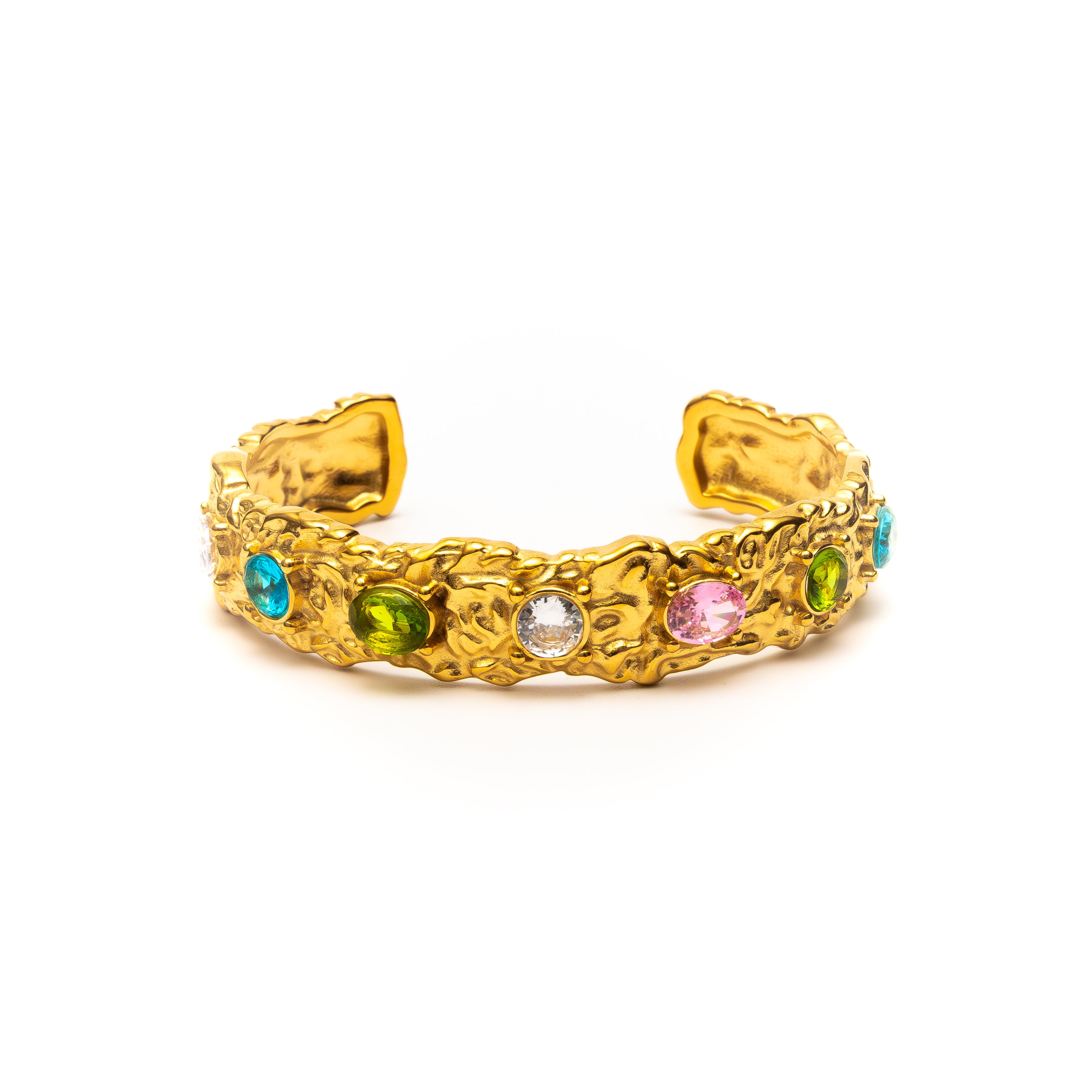 Gold bracelet with colorful gemstones on a white background