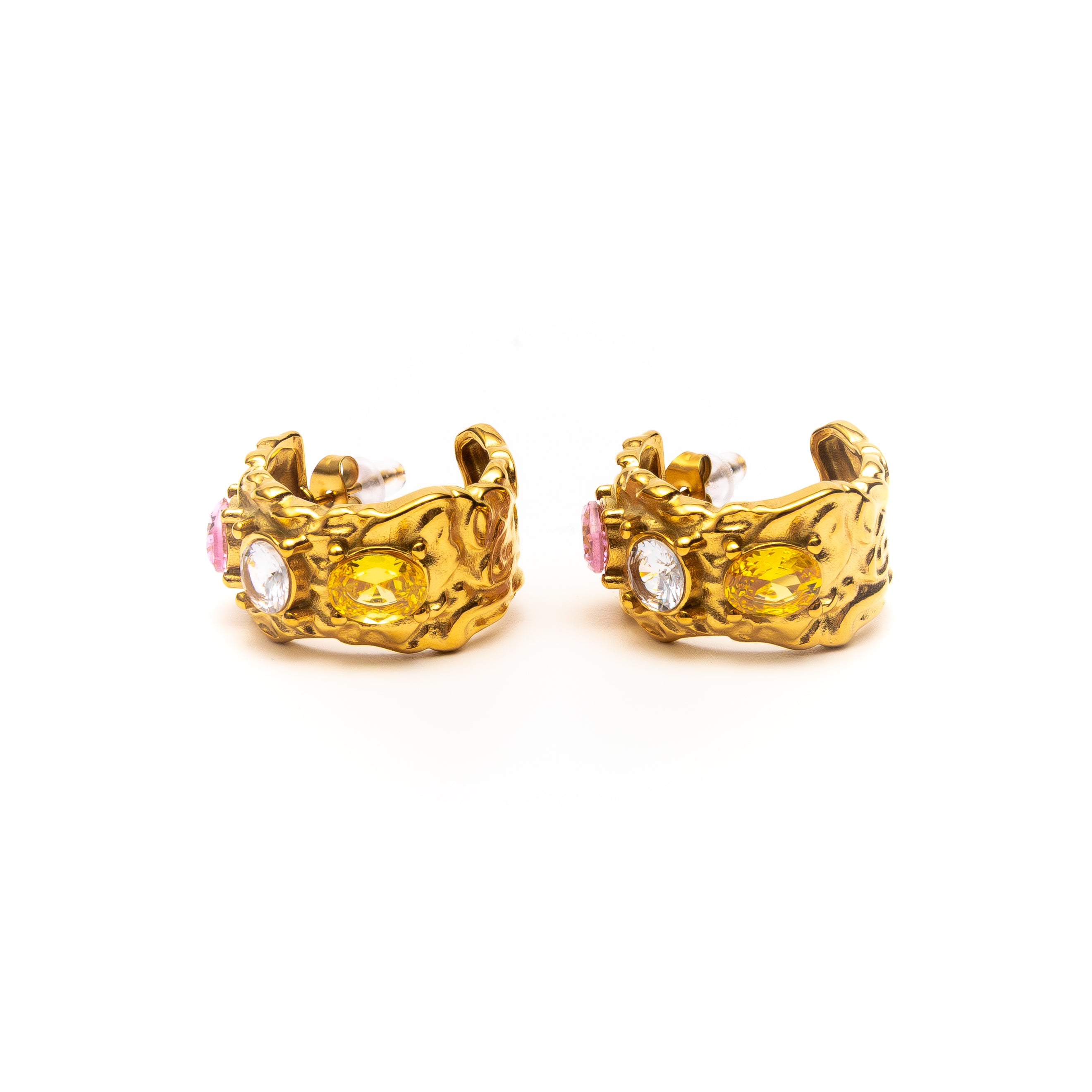 Gold hoop earrings with gemstones on a white background