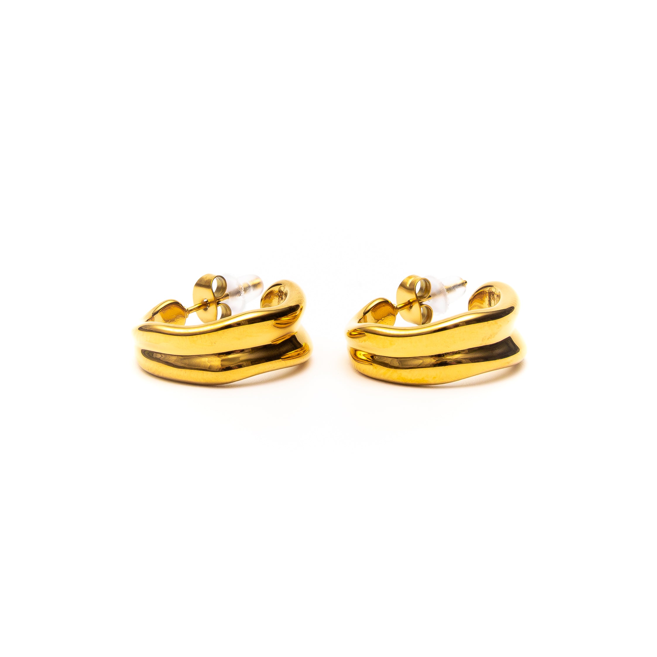 Pair of gold hoop earrings on a white background